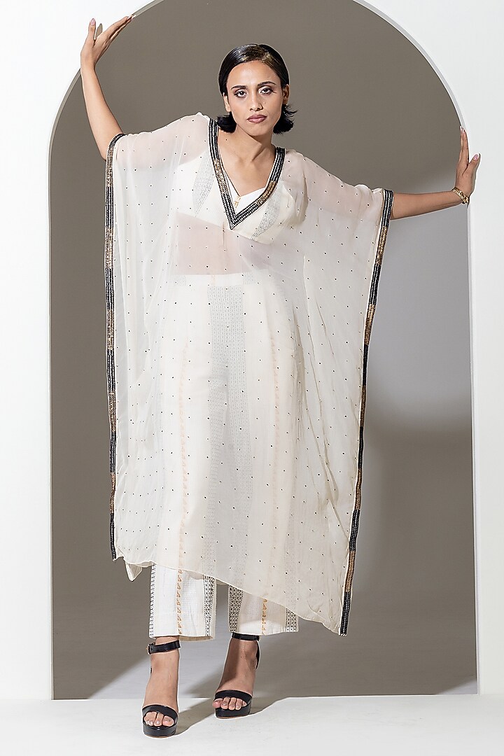 Ivory Organza Sequins Work Kaftan Set by KUSMI at Pernia's Pop Up Shop