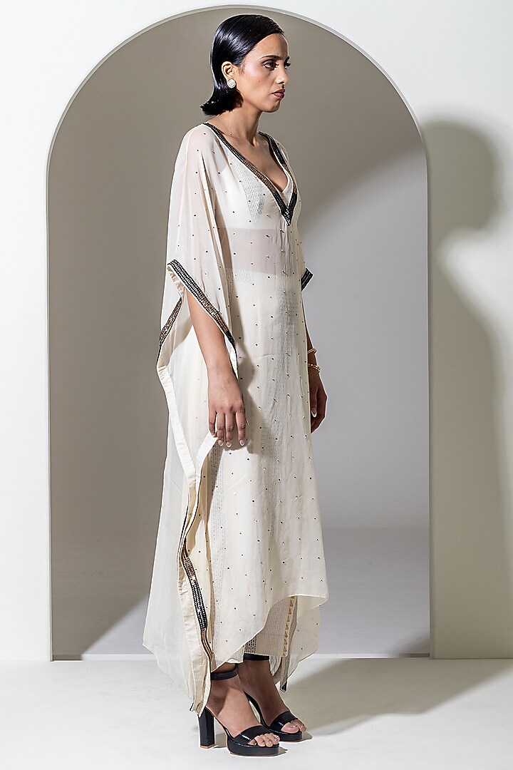 Ivory Organza Sequins Work Kaftan Set by KUSMI at Pernia's Pop Up Shop