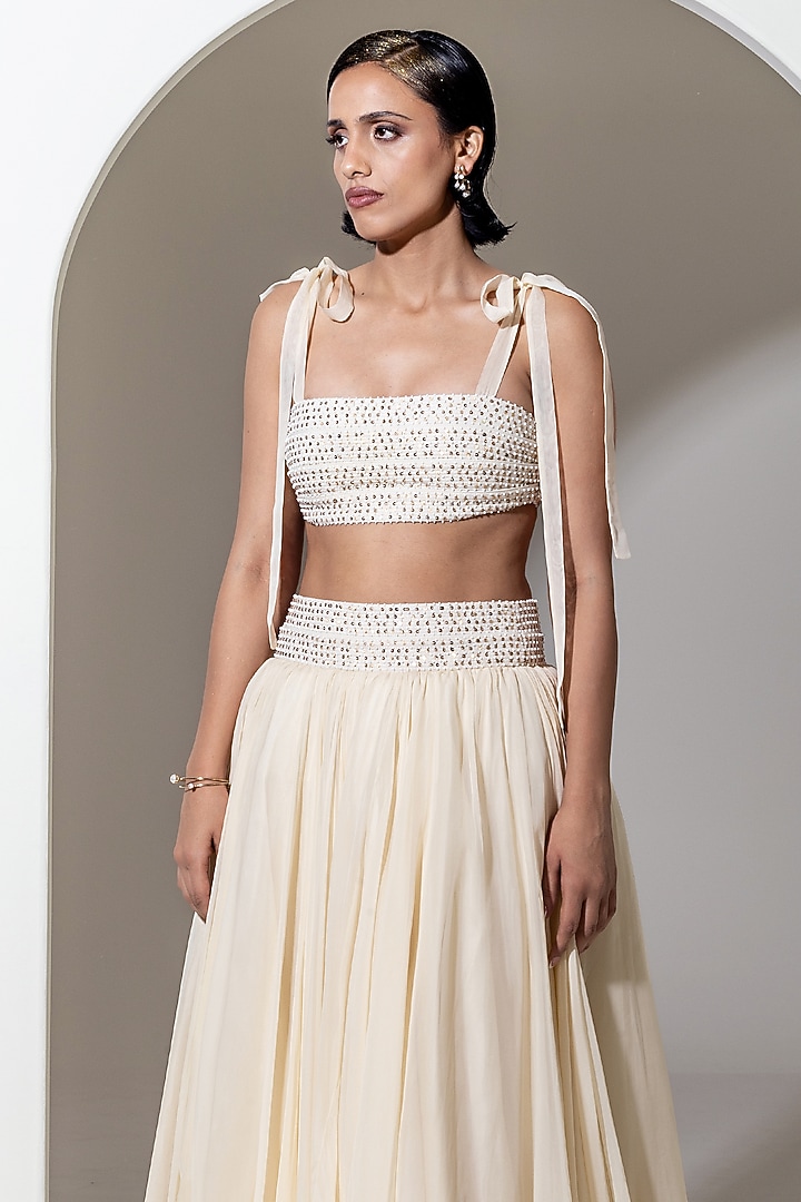Ivory Organza Embroidered Flared Skirt Set by KUSMI at Pernia's Pop Up Shop