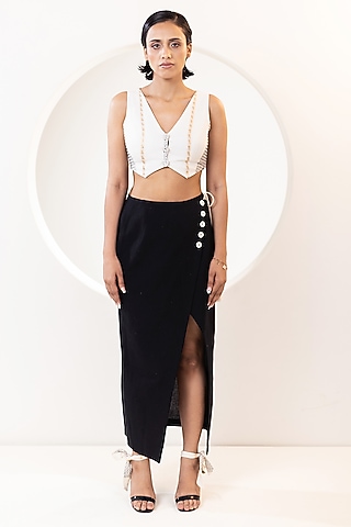 Ivory Handwoven Cotton Wrap Over Skirt Set by KUSMI