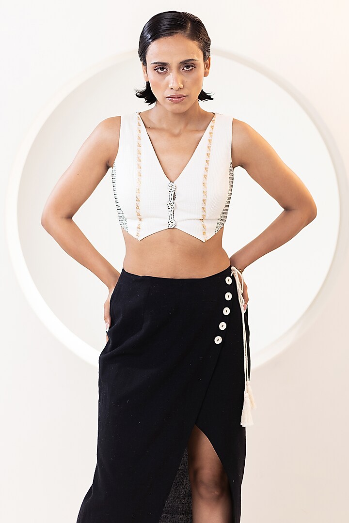 Ivory Handwoven Cotton Wrap Over Skirt Set by KUSMI at Pernia's Pop Up Shop