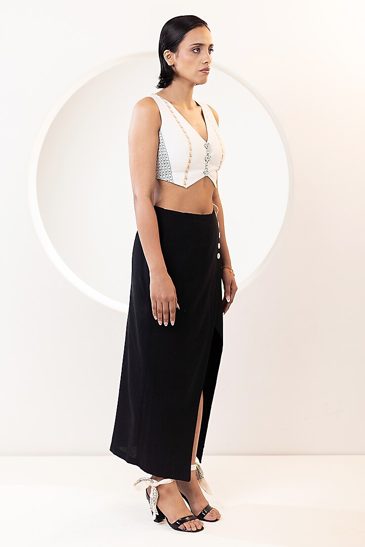 Ivory Handwoven Cotton Wrap Over Skirt Set by KUSMI at Pernia's Pop Up Shop