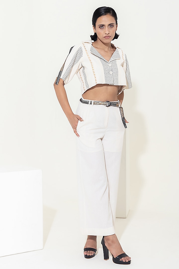 Ivory Handwoven Cotton Wide-Legged Pant Set by KUSMI at Pernia's Pop Up Shop