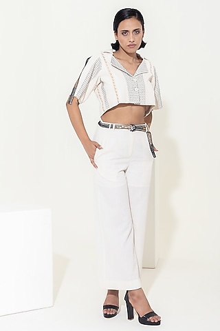 Ivory Handwoven Cotton Wide-Legged Pant Set by KUSMI