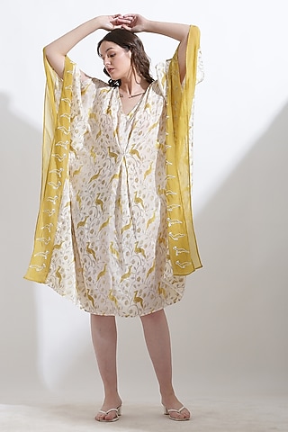 Beige Crepe Digital Printed & Hand Embroidered Kaftan by KUSMI
