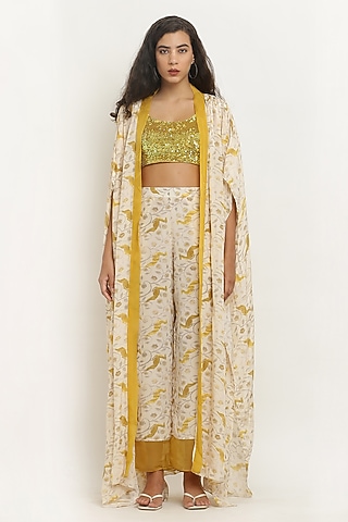 Beige Crepe Digital Printed Cape Set by KUSMI