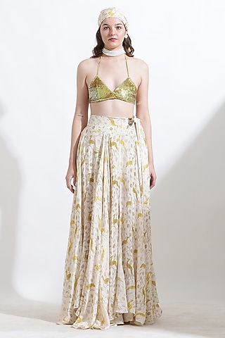 Beige Crepe Digital Printed Flared Skirt by KUSMI