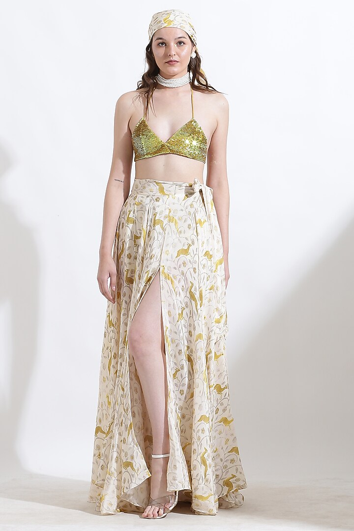 Beige Crepe Digital Printed Flared Skirt by KUSMI at Pernia's Pop Up Shop