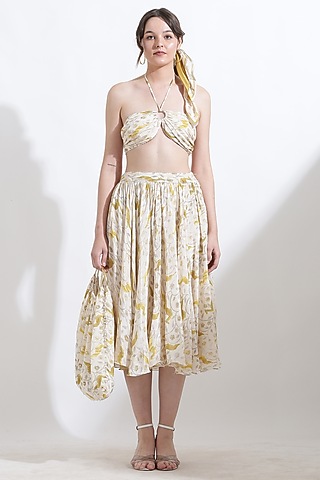 Beige Crepe Digital Printed Flared Skirt by KUSMI