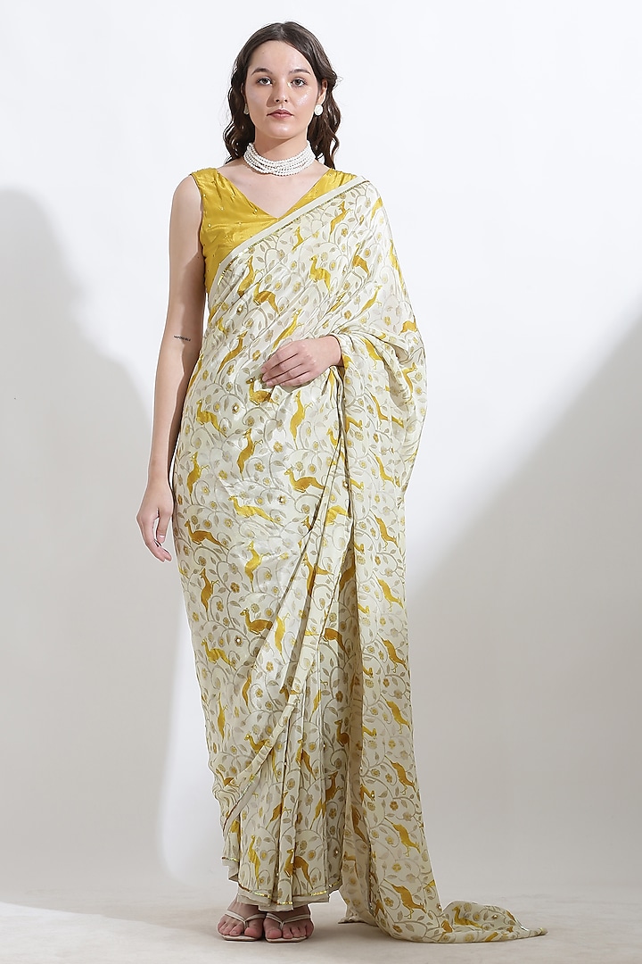 Beige Crepe Digital Printed & Sequins Embroidered Saree Set by KUSMI