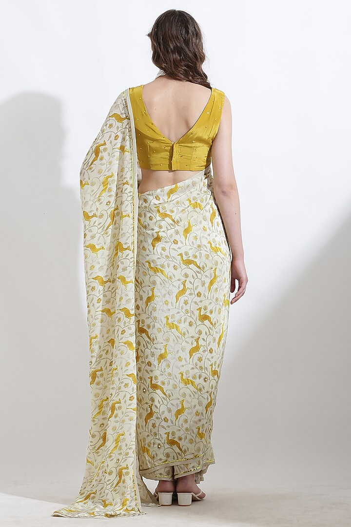 Beige Crepe Digital Printed & Sequins Embroidered Festive Saree Set by KUSMI at Pernia's Pop Up Shop