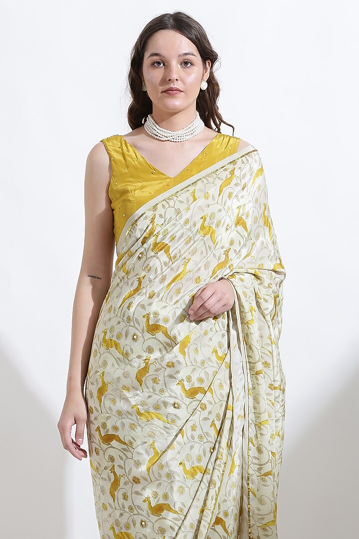 Beige Crepe Digital Printed & Sequins Embroidered Festive Saree Set by KUSMI at Pernia's Pop Up Shop
