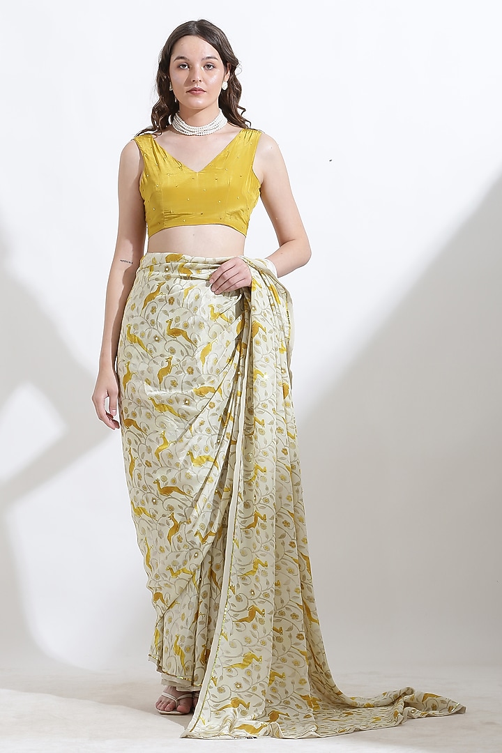 Beige Crepe Digital Printed & Sequins Embroidered Festive Saree Set by KUSMI at Pernia's Pop Up Shop
