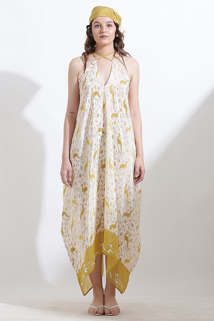 Beige Crepe Digital Printed & Hand Embroidered Dress by KUSMI at Pernia's Pop Up Shop