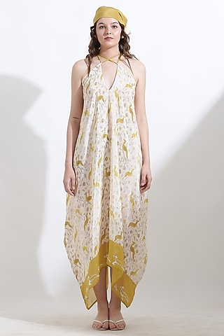 Beige Crepe Digital Printed & Hand Embroidered Dress by KUSMI
