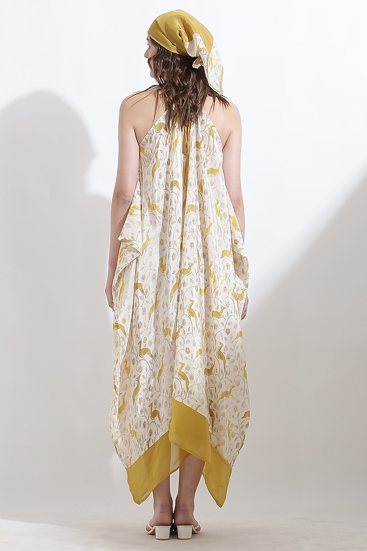 Beige Crepe Digital Printed & Hand Embroidered Summer Dress by KUSMI at Pernia's Pop Up Shop