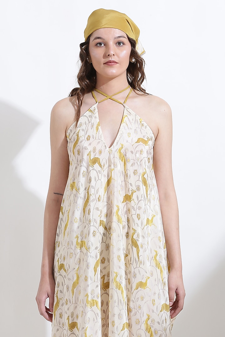 Beige Crepe Digital Printed & Hand Embroidered Summer Dress by KUSMI at Pernia's Pop Up Shop