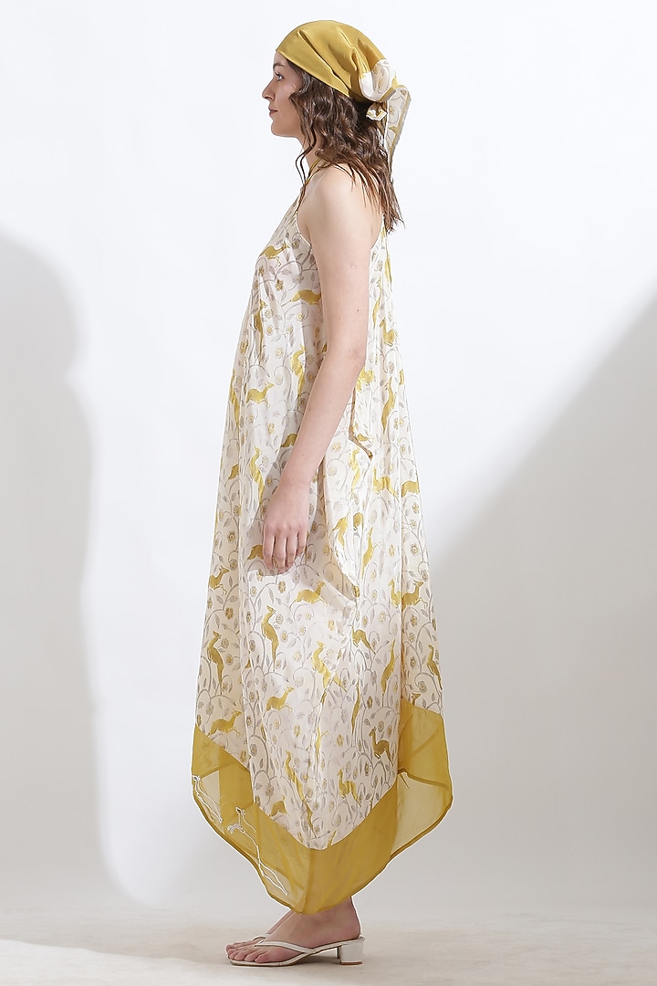 Beige Crepe Digital Printed & Hand Embroidered Summer Dress by KUSMI at Pernia's Pop Up Shop