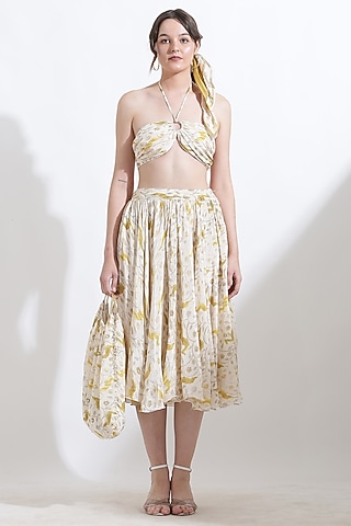 Beige Crepe Digital Printed Skirt Set by KUSMI