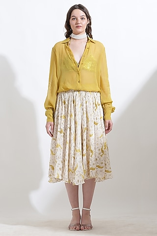 Beige Crepe Digital Printed Flared Skirt Set by KUSMI
