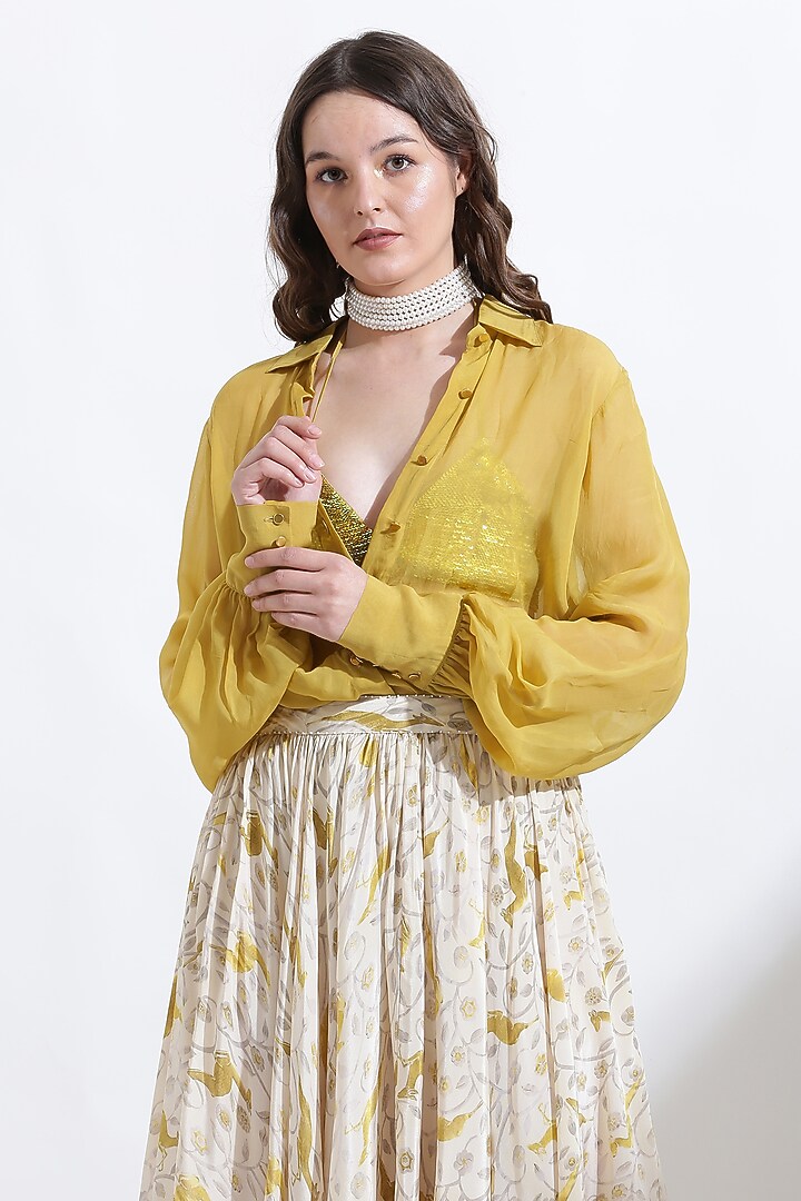 Beige Crepe Digital Printed Flared Skirt Set by KUSMI at Pernia's Pop Up Shop