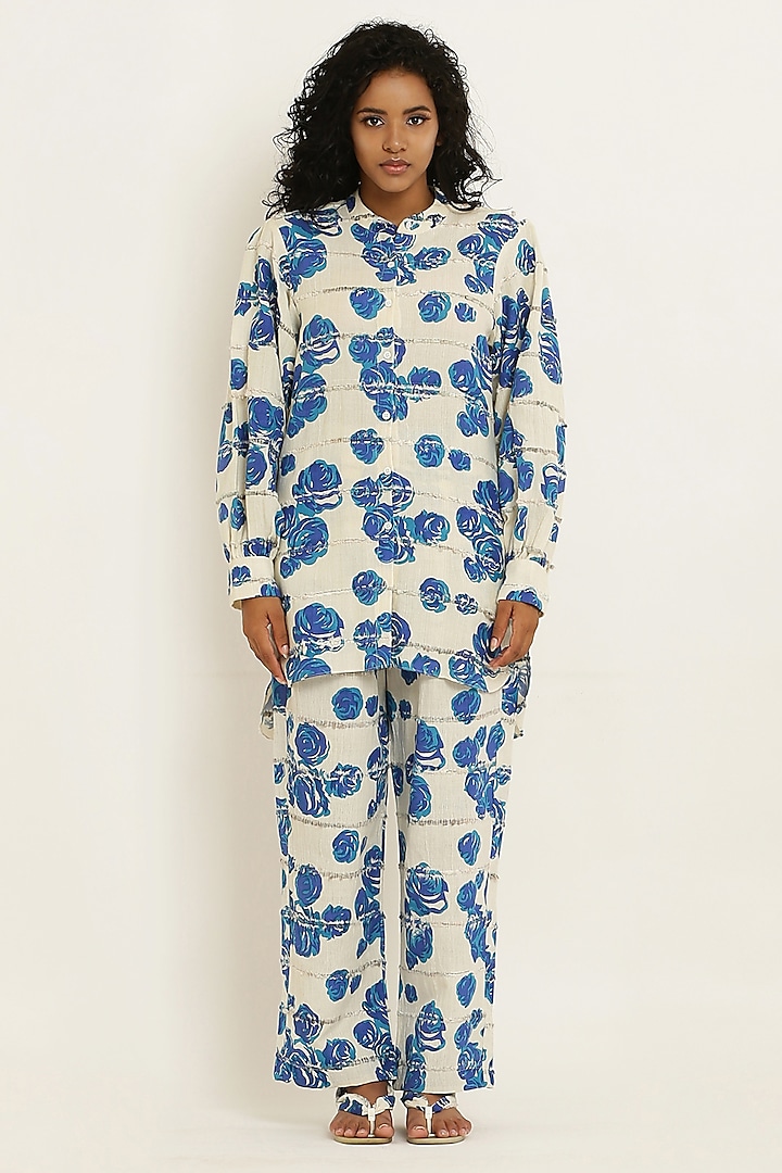 Blue Cotton Floral Printed Co-Ord Set by KUSMI