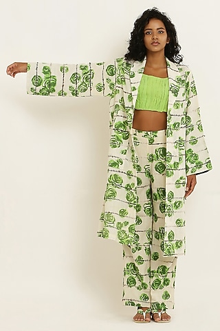 Green Cotton Floral Printed Co-Ord Set by KUSMI