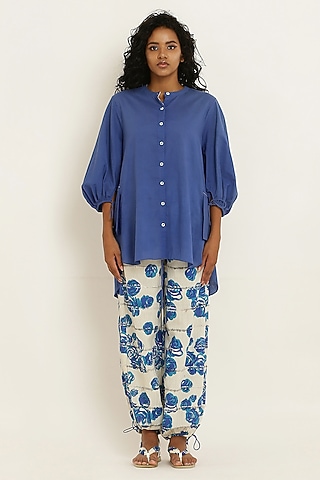 Blue Cotton Floral Printed Co-Ord Set by KUSMI