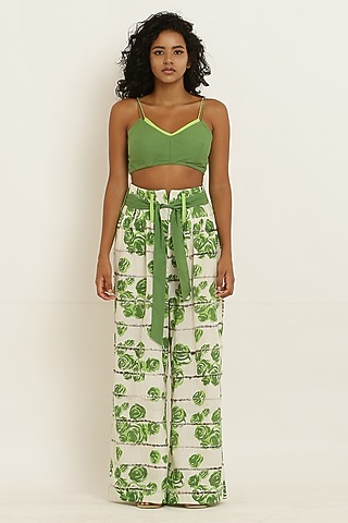 Green Cotton Floral Printed Co-Ord Set by KUSMI