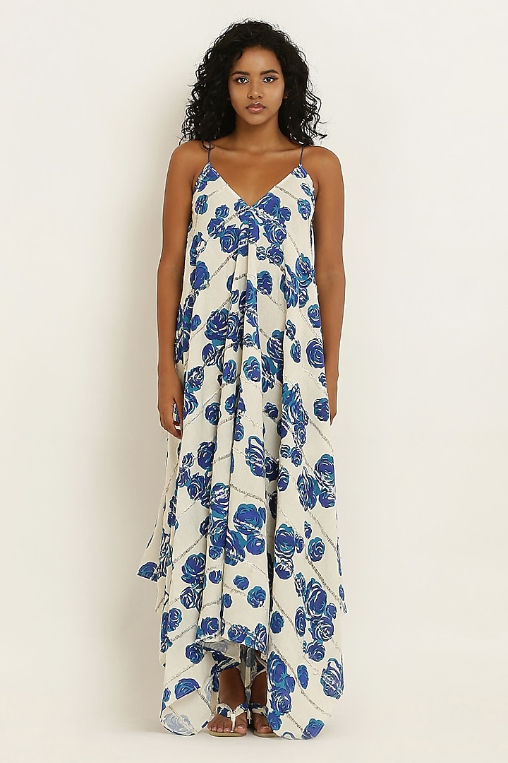 Blue Handwoven Cotton Floral Printed Handkerchief Dress by KUSMI