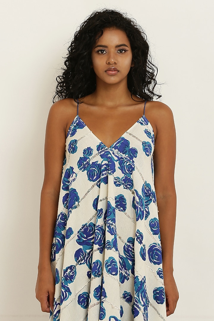 Blue Handwoven Cotton Floral Printed Handkerchief Summer Dress by KUSMI at Pernia's Pop Up Shop