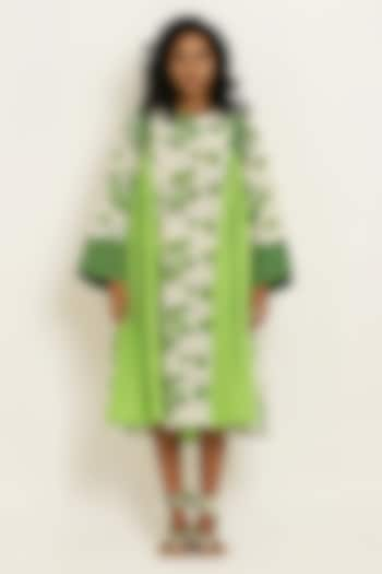 Green Handwoven Cotton Floral Printed Gathered Midi Dress by KUSMI