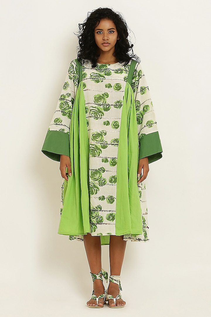 Green Handwoven Cotton Floral Printed Gathered Midi Dress by KUSMI