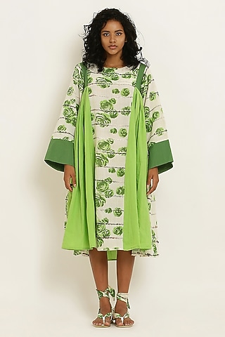Green Handwoven Cotton Floral Printed Gathered Midi Dress by KUSMI