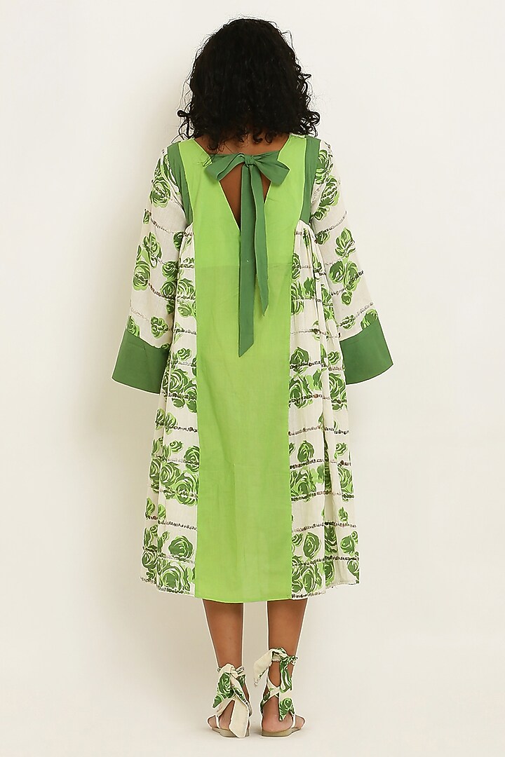Green Handwoven Cotton Floral Printed Gathered Midi Summer Dress by KUSMI at Pernia's Pop Up Shop