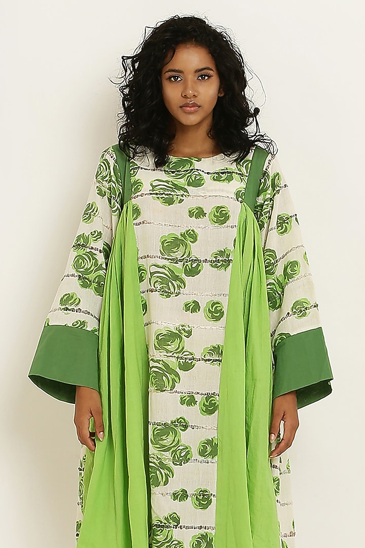 Green Handwoven Cotton Floral Printed Gathered Midi Summer Dress by KUSMI at Pernia's Pop Up Shop