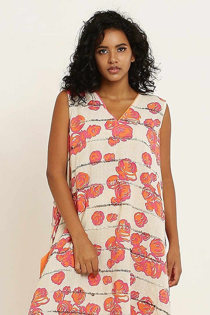 Pink Handwoven Cotton Floral Printed Asymmetrical Summer Dress by KUSMI at Pernia's Pop Up Shop