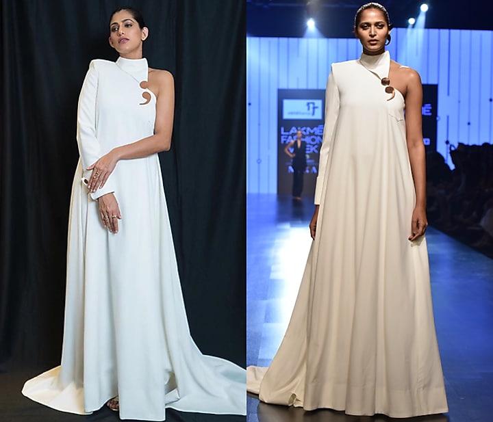 White Flap Collared Trapeze Gown by Nikhil Thampi at Pernia's Pop Up Shop