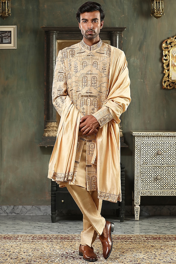 Gold Chanderi Silk Zardosi Embroidered Sherwani Set by Kudrat Couture