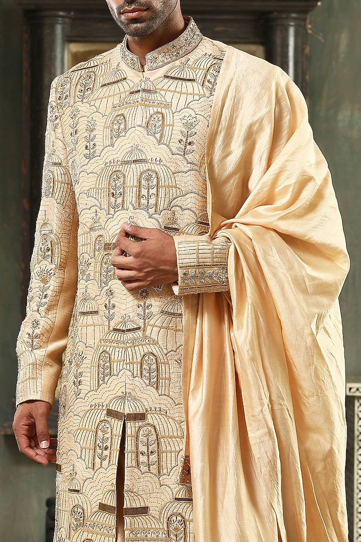 Gold Chanderi Silk Zardosi Embroidered Groom Sherwani Set by Kudrat Couture at Pernia's Pop Up Shop
