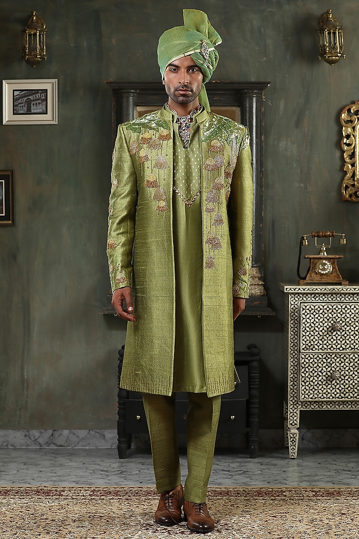 Green Chanderi Silk Hand Embroidered Indowestern Set by Kudrat Couture