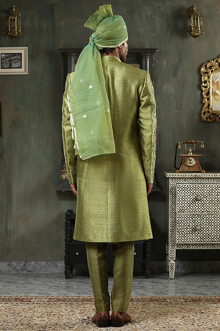 Green Chanderi Silk Hand Embroidered Groom Indowestern Set by Kudrat Couture at Pernia's Pop Up Shop