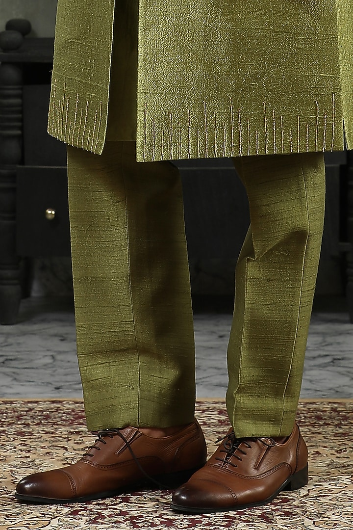 Green Chanderi Silk Hand Embroidered Groom Indowestern Set by Kudrat Couture at Pernia's Pop Up Shop