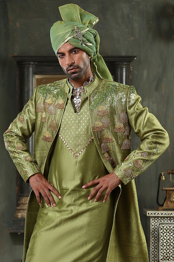 Green Chanderi Silk Hand Embroidered Groom Indowestern Set by Kudrat Couture at Pernia's Pop Up Shop