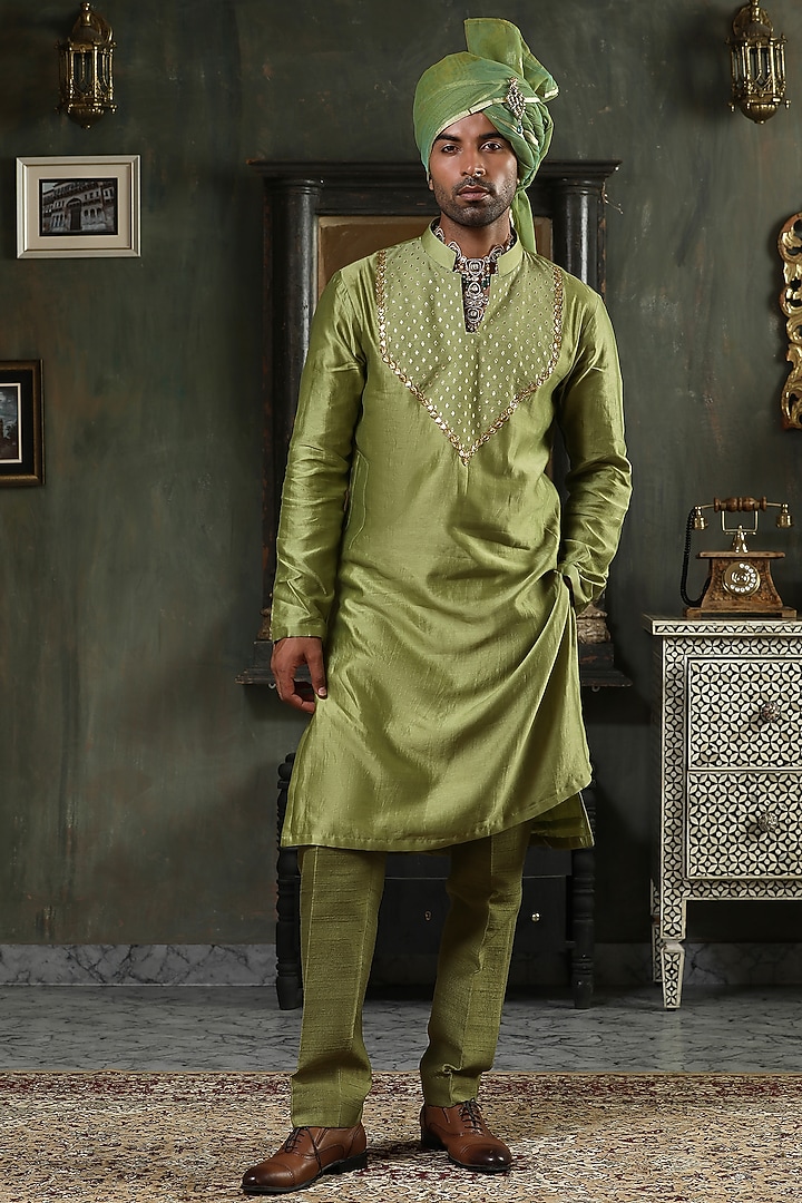 Green Chanderi Silk Hand Embroidered Groom Indowestern Set by Kudrat Couture at Pernia's Pop Up Shop