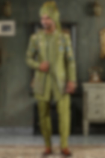 Green Raw Silk Hand Embroidered Indo Western Set by Kudrat Couture at Pernia's Pop Up Shop