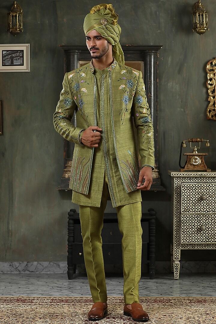 Green Raw Silk Hand Embroidered Indo Western Set by Kudrat Couture at Pernia's Pop Up Shop