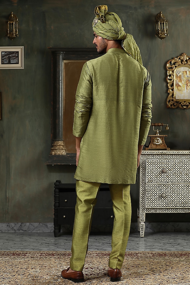 Green Raw Silk Hand Embroidered Indo Western Set by Kudrat Couture at Pernia's Pop Up Shop