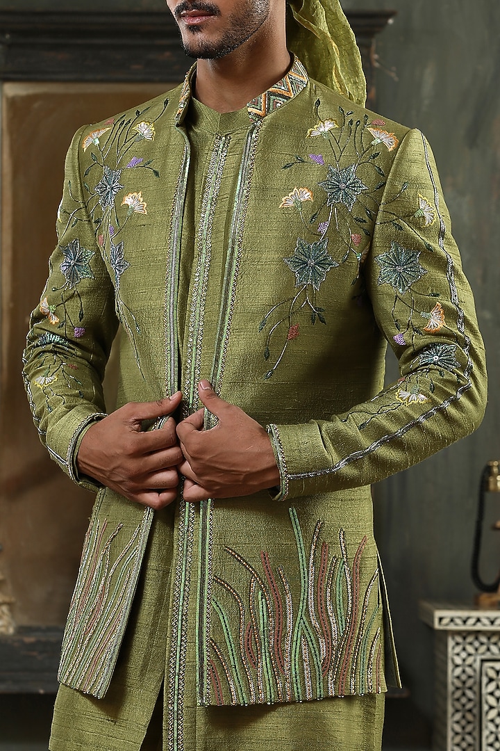 Green Raw Silk Hand Embroidered Indo Western Set by Kudrat Couture at Pernia's Pop Up Shop