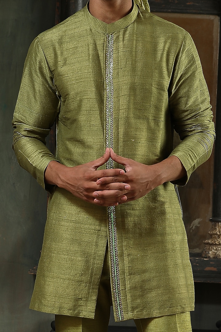 Green Raw Silk Hand Embroidered Indo Western Set by Kudrat Couture at Pernia's Pop Up Shop